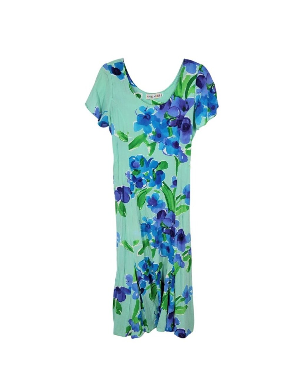 VTG Jams World Dress XL Green Floral Violet Bouquet Long Maxi Scoop Neck Belted